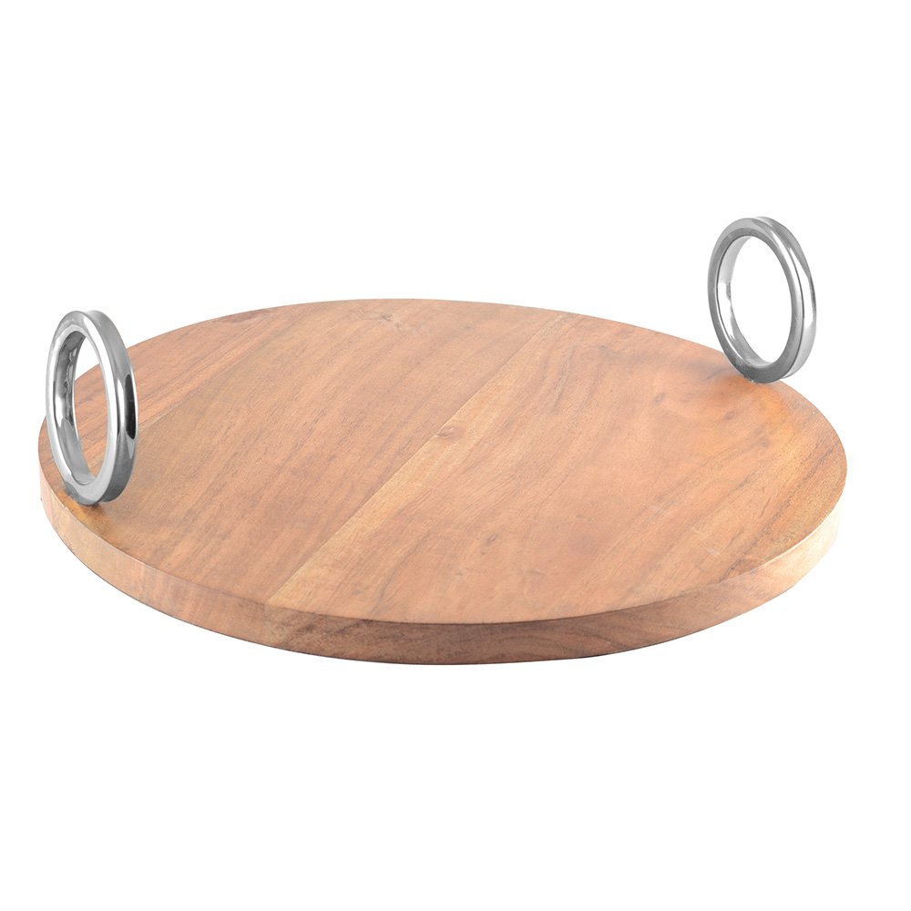 ROND HOUTEN DIENBLAD MET ZILVEREN HANDVAT 38X38X11CM