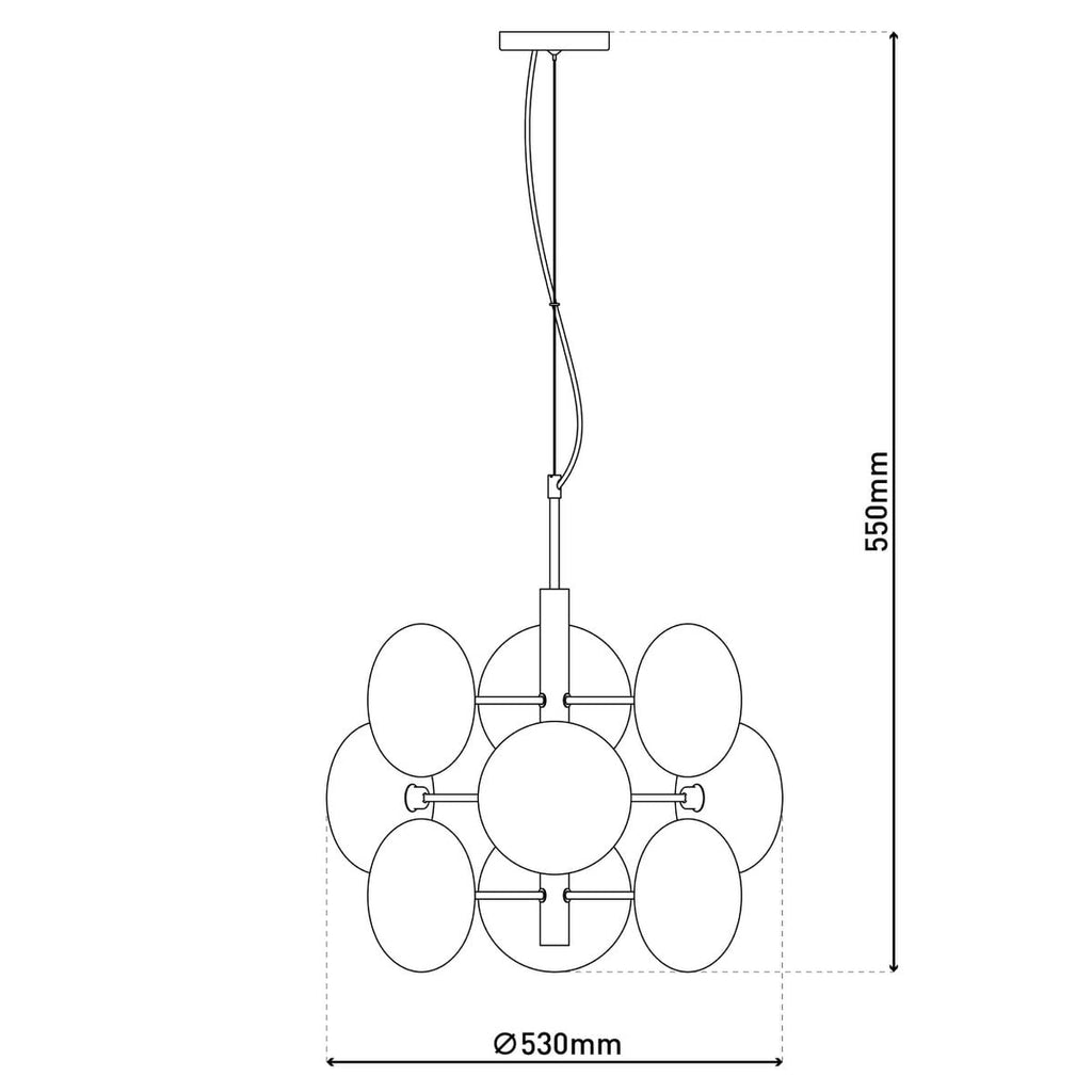 Hanger lamp "Orion" Ø ca. 53 cm, gemaakt van messing gekleurd metaal en glas in barnsteen, G9-sockets, verlichting voor woonkamer, eetkamer of kantoor.