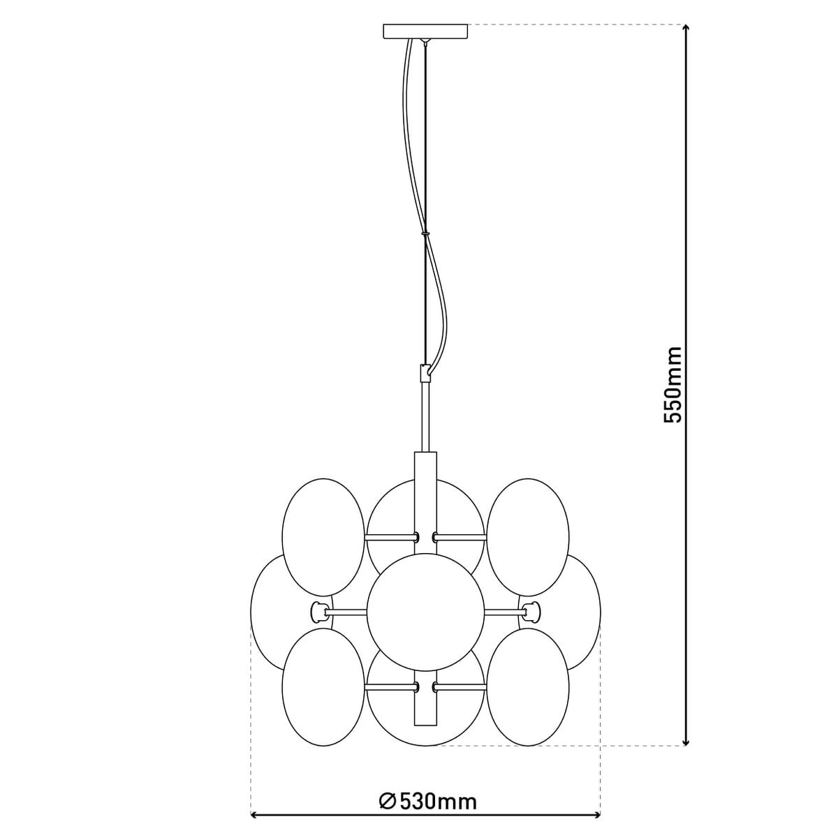 Hanger lamp "Orion" Ø ca. 53 cm, gemaakt van messing gekleurd metaal en glas in barnsteen, G9-sockets, verlichting voor woonkamer, eetkamer of kantoor.