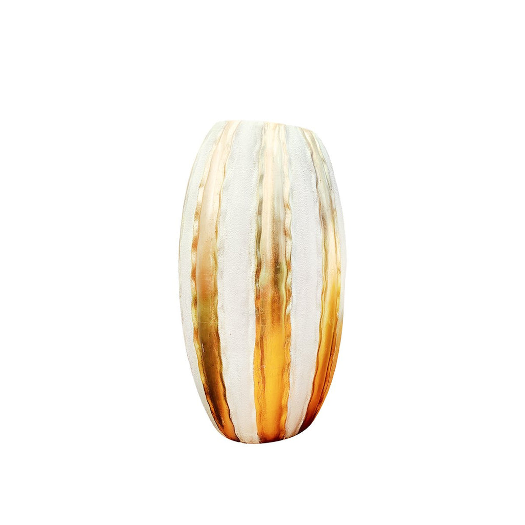 Wit en vergulde vaas gestreept in polyresine 41x41x81cm