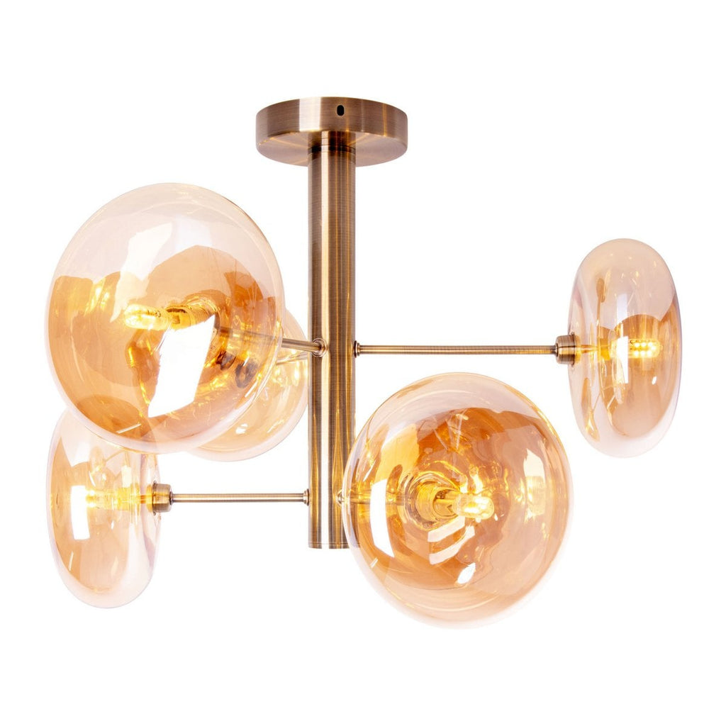 Plafondlamp "Orion" Ø ongeveer 53 cm barnsteen, gemaakt van messing gekleurd metaal en glas in barnsteen, G9-basis, verlichting voor woonkamer, eetkamer of kantoor.