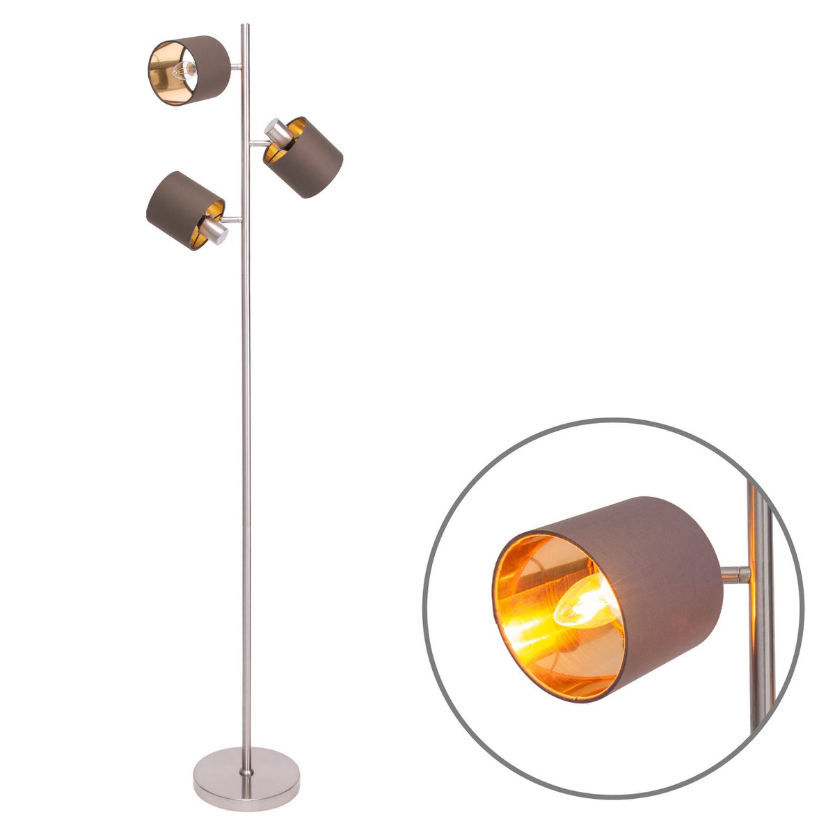 Staande lamp "maron" gemaakt van metalen satine-mat met stof paraplu's in bruin, met E14-aansluiting, voor eetkamer, woonkamer, gang of kantoor, lamp voor woonkamer, eetkamer, hal en kantoor, staande lamp in 153 cm High