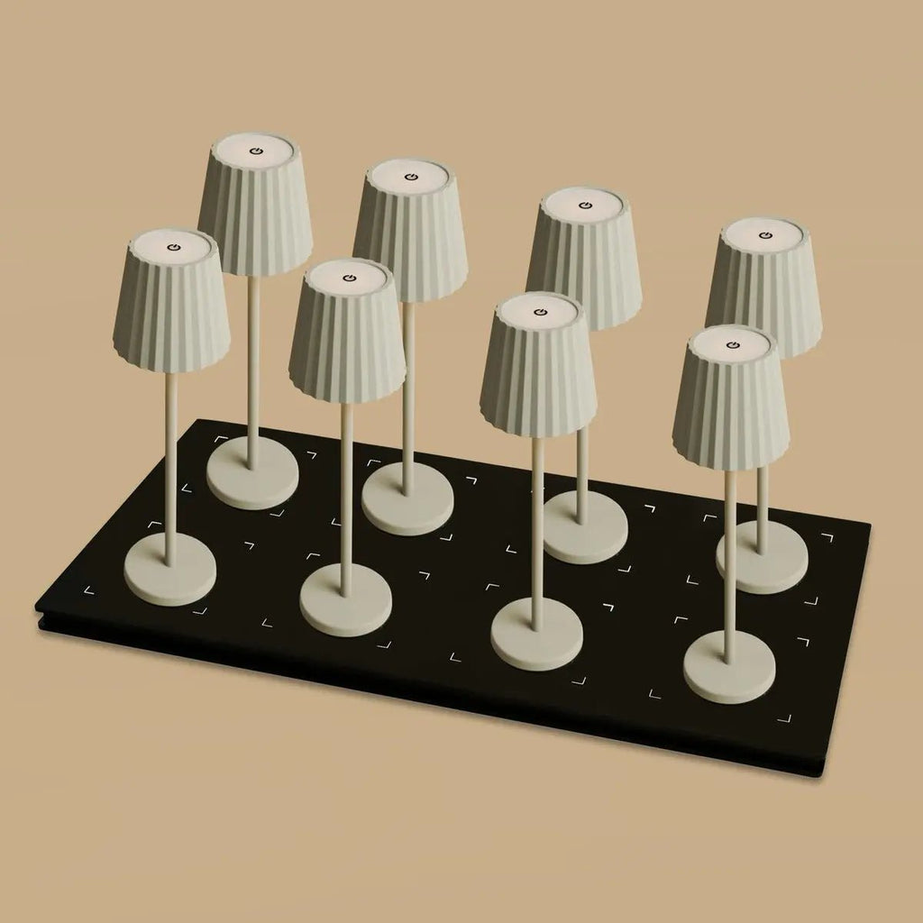 Combi Set Professional-8 x Maya Shadow Gray Oplaadbare tafellampen en 1 x Central Station draadloos laadstation met Qi-Technology