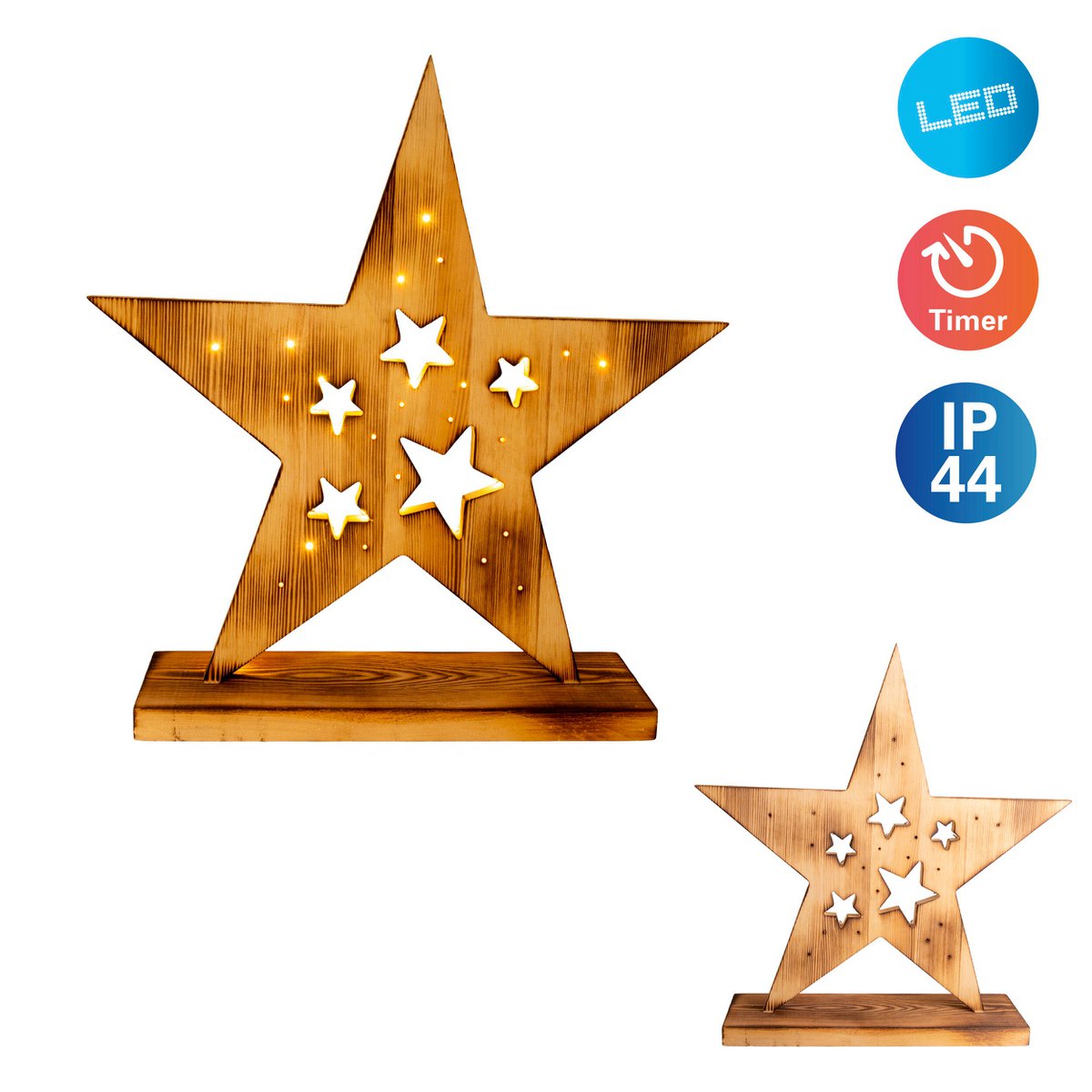Led Wood Star 49 cm hoog, kerstdecoraties gemaakt van hout in de natuur, met stevig geïnstalleerde LED's