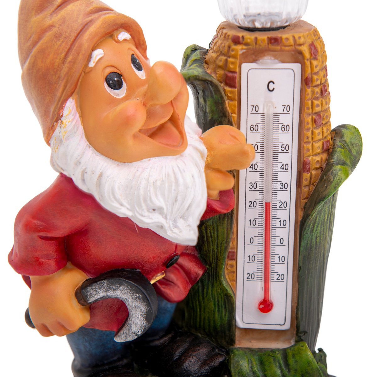 LED -decoratie Solar Light "Dwarf" met thermometer gemaakt van geschilderde polyresin, ongeveer 26 cm hoog en uitgerust met stevig geïnstalleerde LED's
