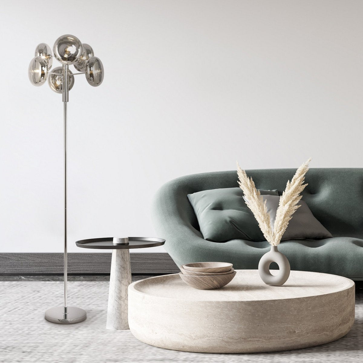 Staande lamp "Orion" rokerig, ongeveer 165 cm hoog, gemaakt van chroomkleurig, roestvrij staal en rookglas, G9-aansluiting, verlichting voor woonkamer, eetkamer of kantoor.