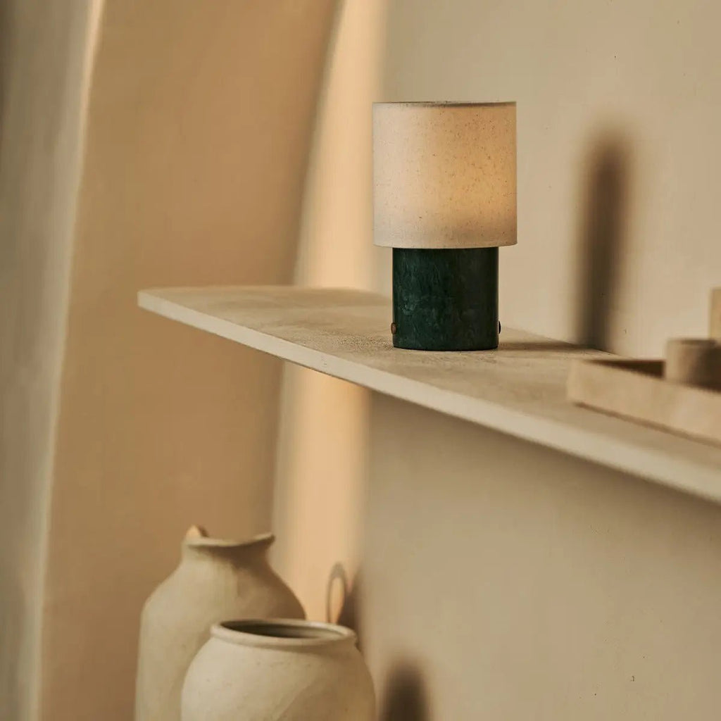 Dou Green / Verde Alpi - Marmeren oplaadbare tafellamp - draadloos, 3 lichte modi en met linnen verwisselbare lampenkap