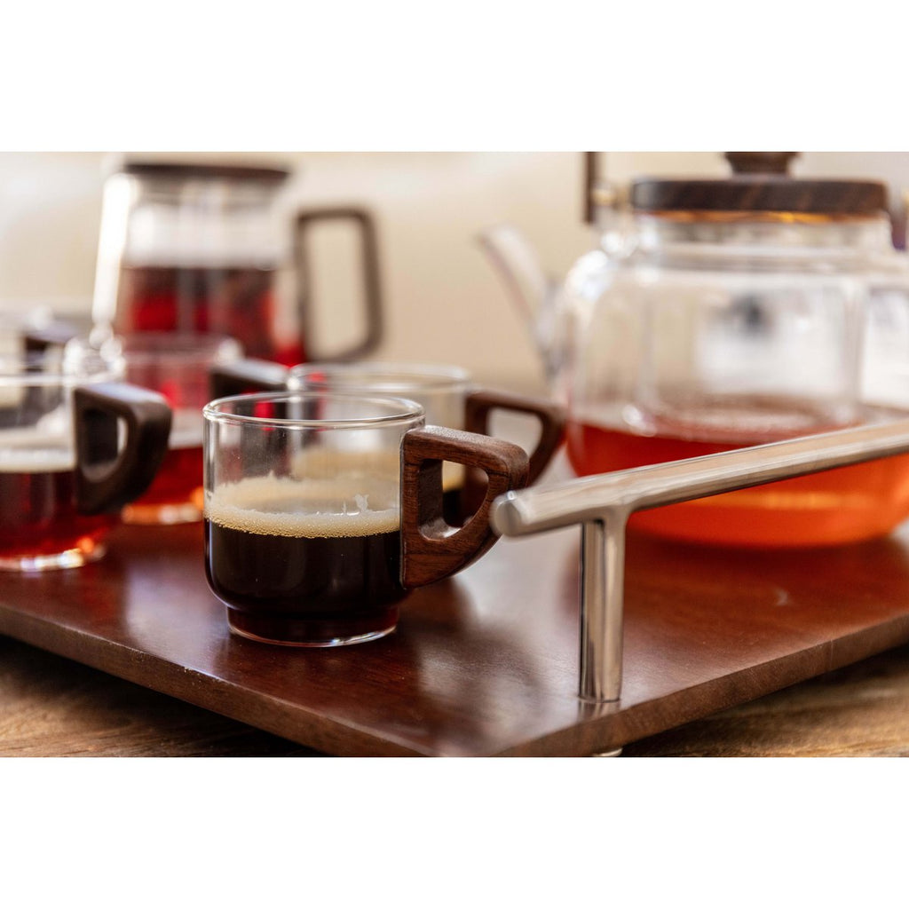 Glazen koffiekopjes met houten handvat 5,5x5.5x8,3 cm - veel 6