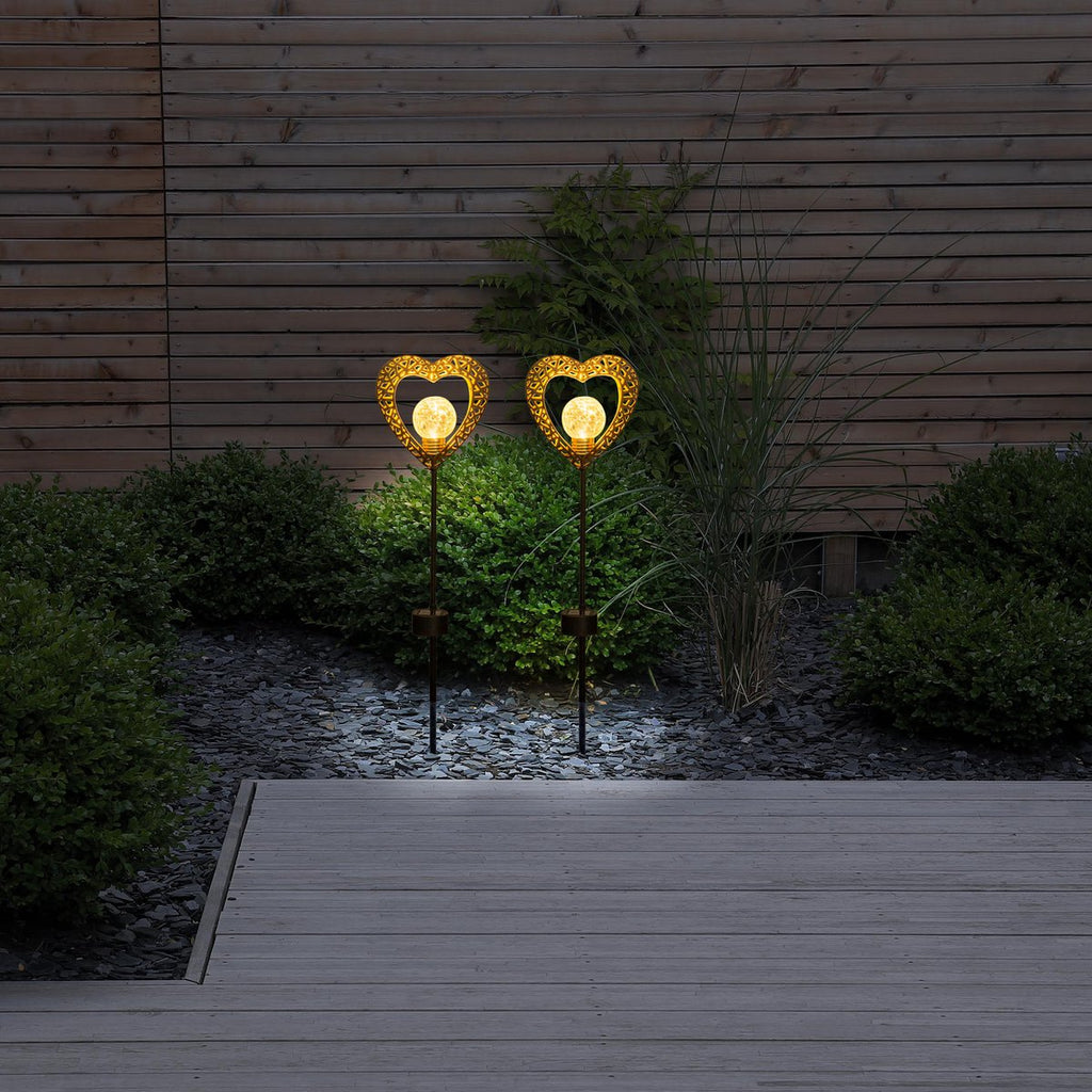 2 Set LED LED Solar Lamp "Heart" met Earth Skeer voor de tuin en terras gemaakt van metaal in zwart, en goud, met stevig ingebouwde LED's, 59 cm hoog