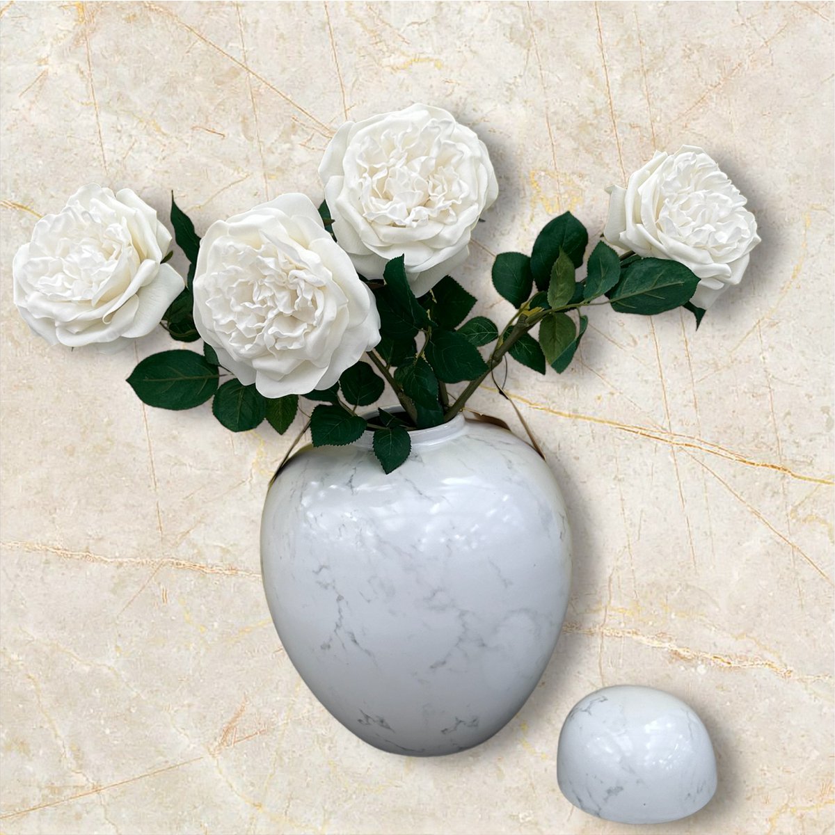 Vintage keramische ronde vaas met bloemen (wit groot H*28W*25 )