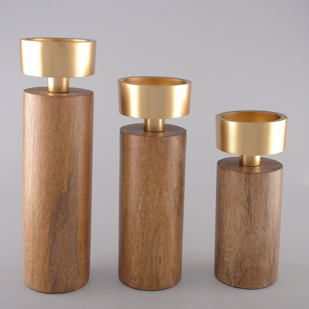Hout en gouden metalen kandelaar 27 cm