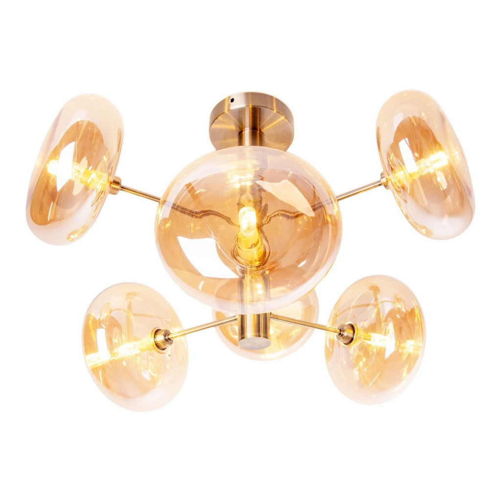 Plafondlamp "Orion" Ø ongeveer 53 cm barnsteen, gemaakt van messing gekleurd metaal en glas in barnsteen, G9-basis, verlichting voor woonkamer, eetkamer of kantoor.