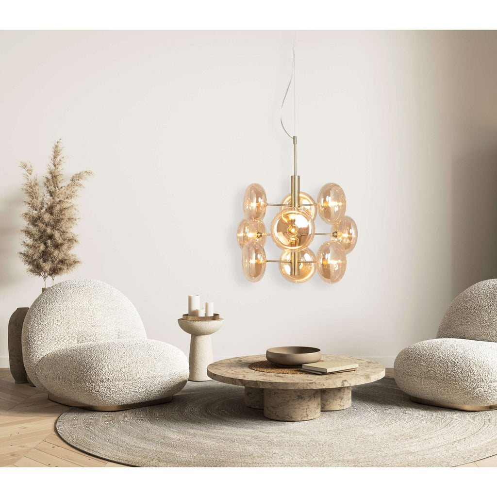 Hanger lamp "Orion" Ø ca. 53 cm, gemaakt van messing gekleurd metaal en glas in barnsteen, G9-sockets, verlichting voor woonkamer, eetkamer of kantoor.