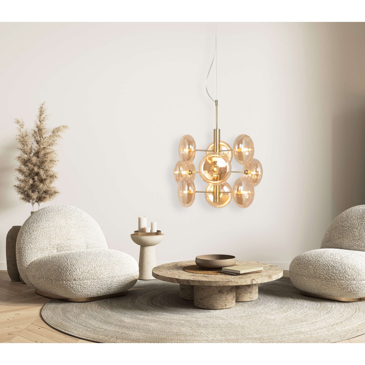 Hanger lamp "Orion" Ø ca. 53 cm, gemaakt van messing gekleurd metaal en glas in barnsteen, G9-sockets, verlichting voor woonkamer, eetkamer of kantoor.