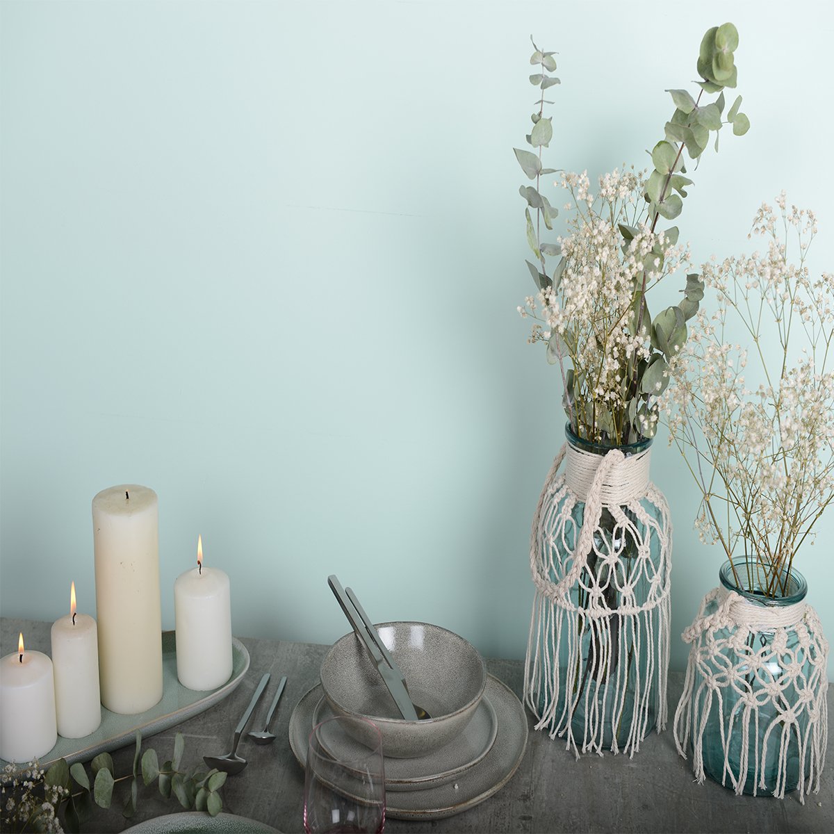 Macrame groen groen glazen vaas H.16,5 cm