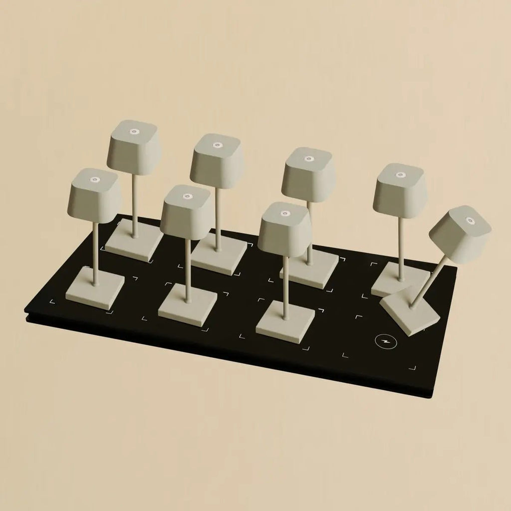 Combi Set Professional-8 x Sarphati Mini Shadow Gray Oplaadbare tafellampen & 1 x Central Station draadloos laadstation met Qi-Technology