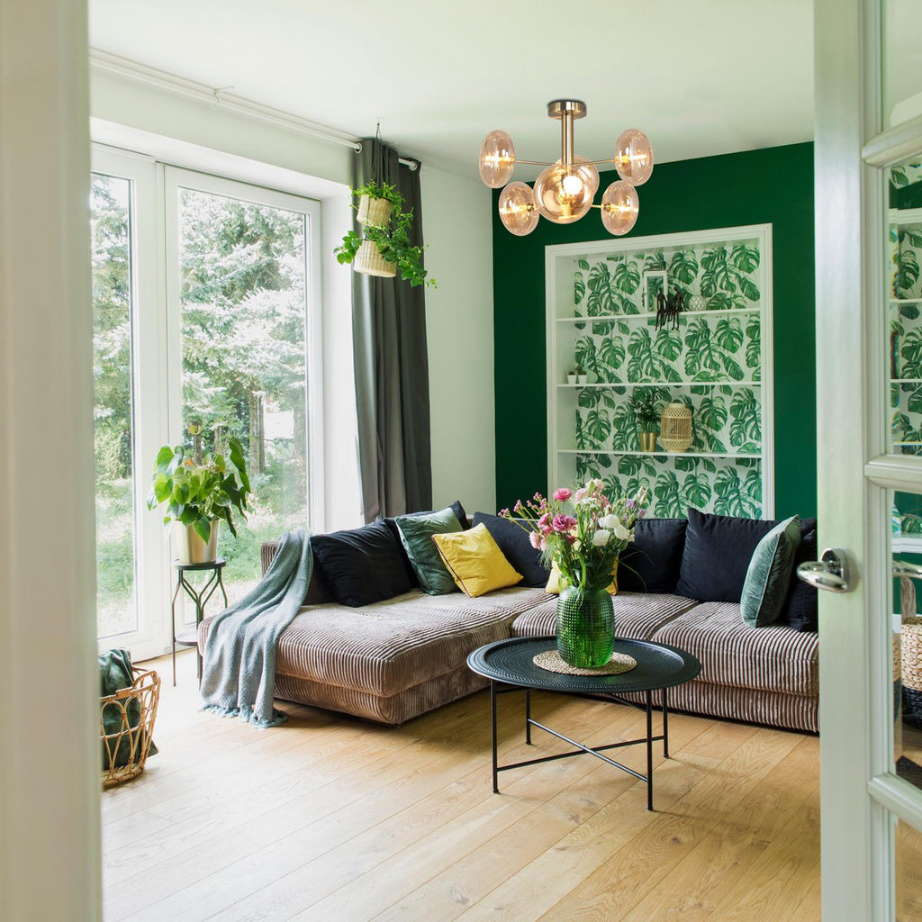 Plafondlamp "Orion" Ø ongeveer 53 cm barnsteen, gemaakt van messing gekleurd metaal en glas in barnsteen, G9-basis, verlichting voor woonkamer, eetkamer of kantoor.