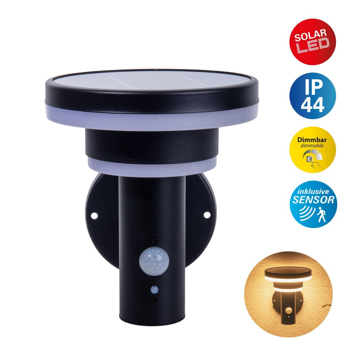 LED Solar Buitenwandlamp "Nora", voor buiten, wandlamp - metaal en plastic in het zwart, met geïntegreerde LED