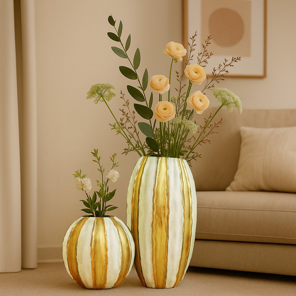 Wit en vergulde vaas gestreept in polyresine 41x41x81cm