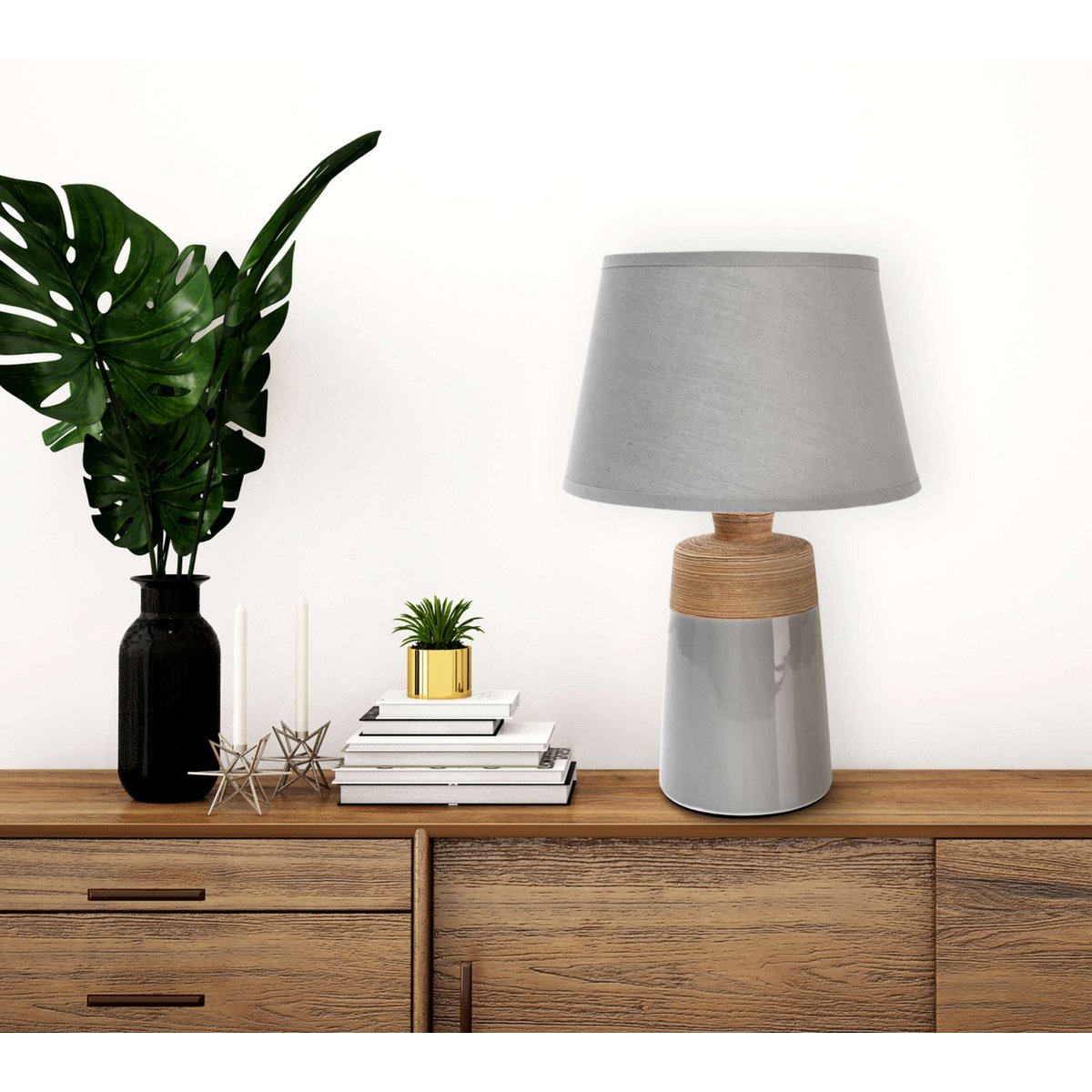 Liv · Houten tafellamp met linnen kap — grijs