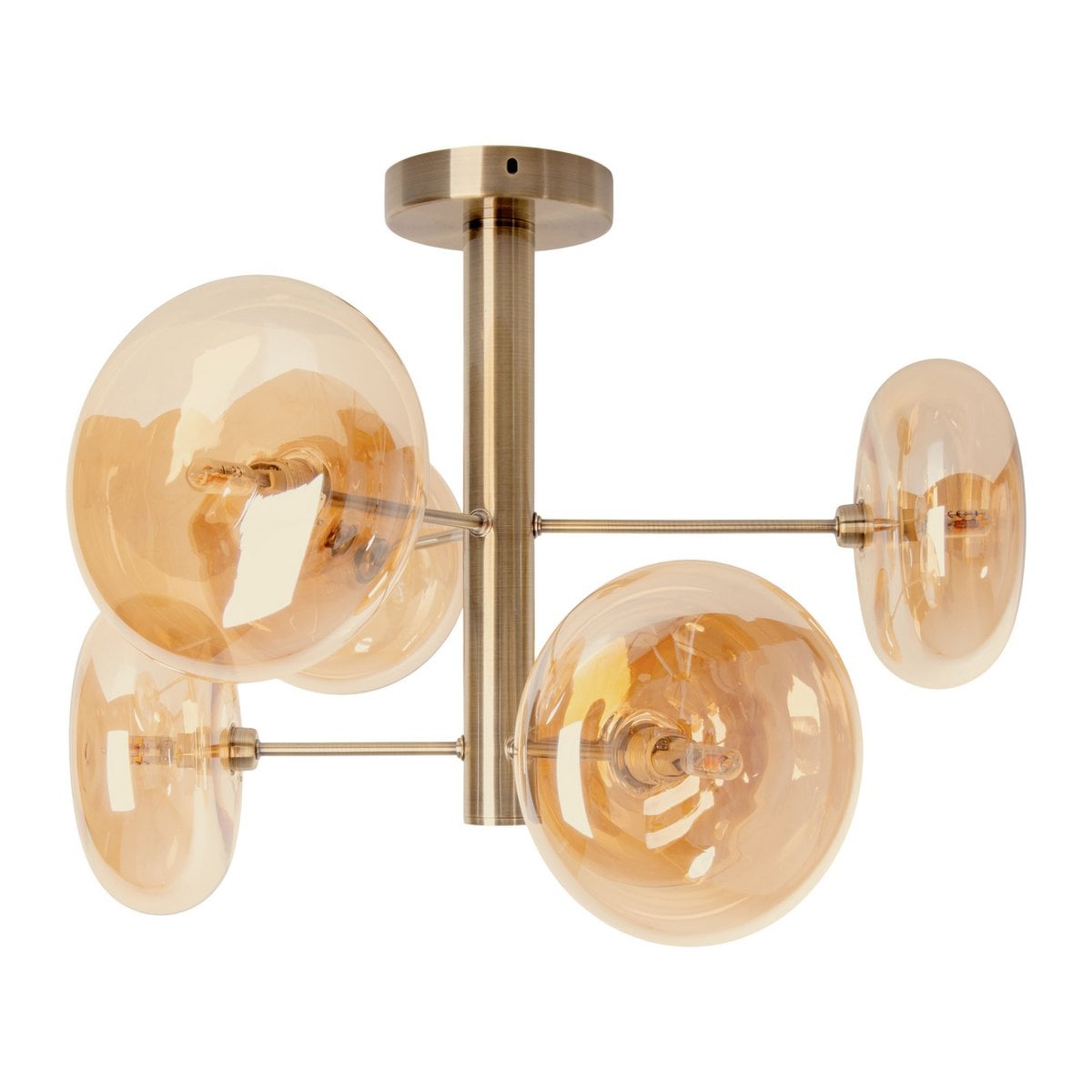 Plafondlamp "Orion" Ø ongeveer 53 cm barnsteen, gemaakt van messing gekleurd metaal en glas in barnsteen, G9-basis, verlichting voor woonkamer, eetkamer of kantoor.