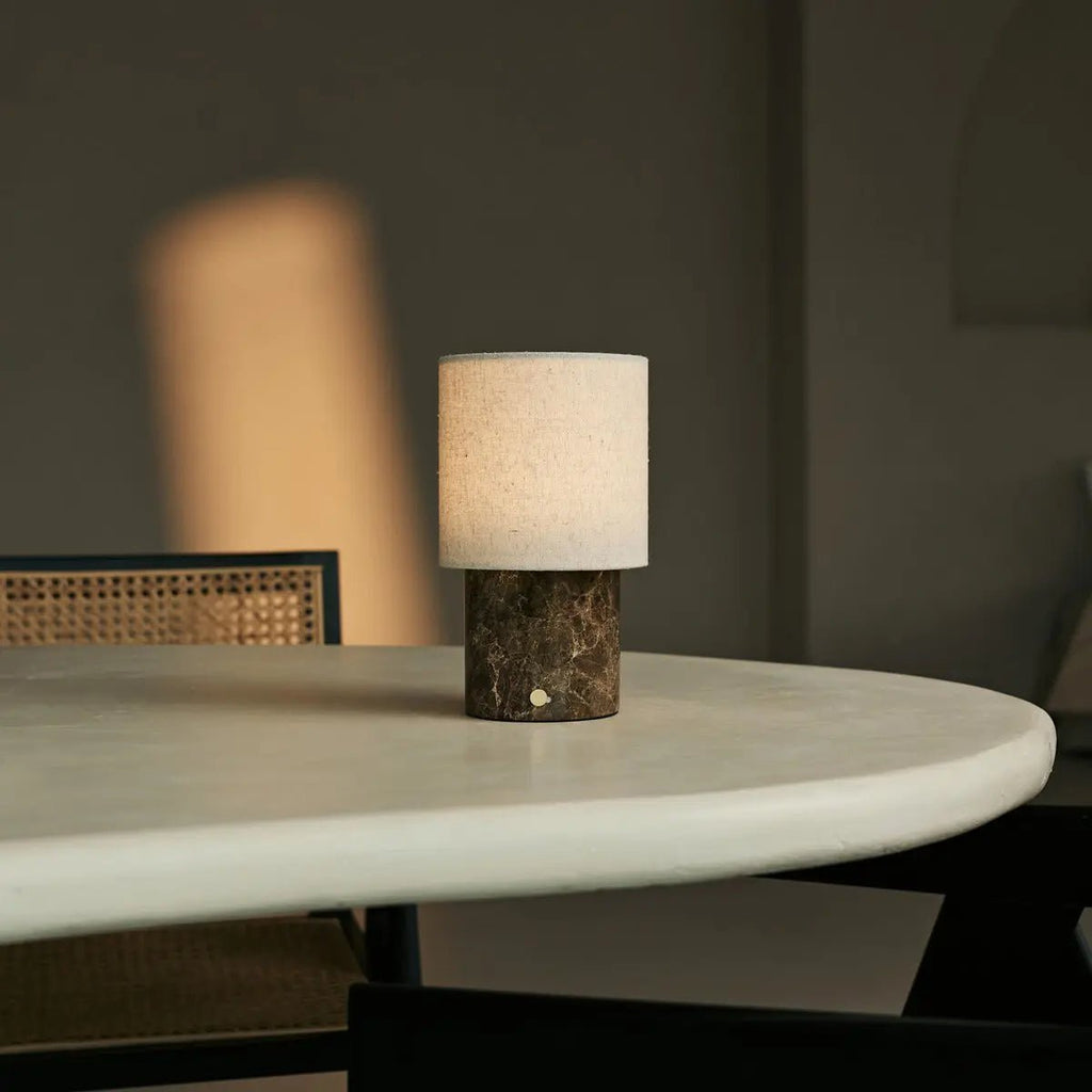 Onoda Brown / Emperador Dark - Marmeren oplaadbare tafellamp - met linnen verwisselbare lampenkap en oplaadbaar ontwerp