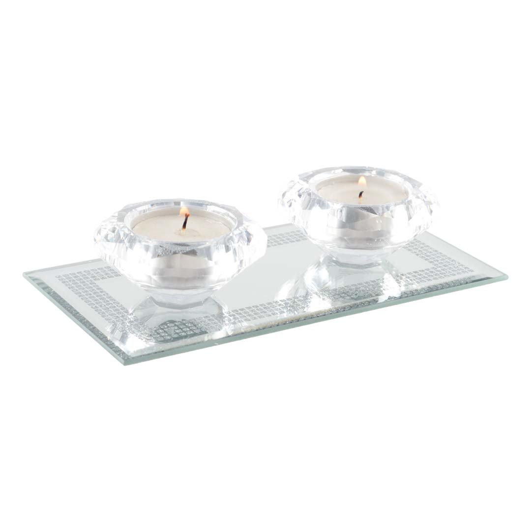 Double Crystal Candle Holder op Silver Mirror Rechthoekondersteuning