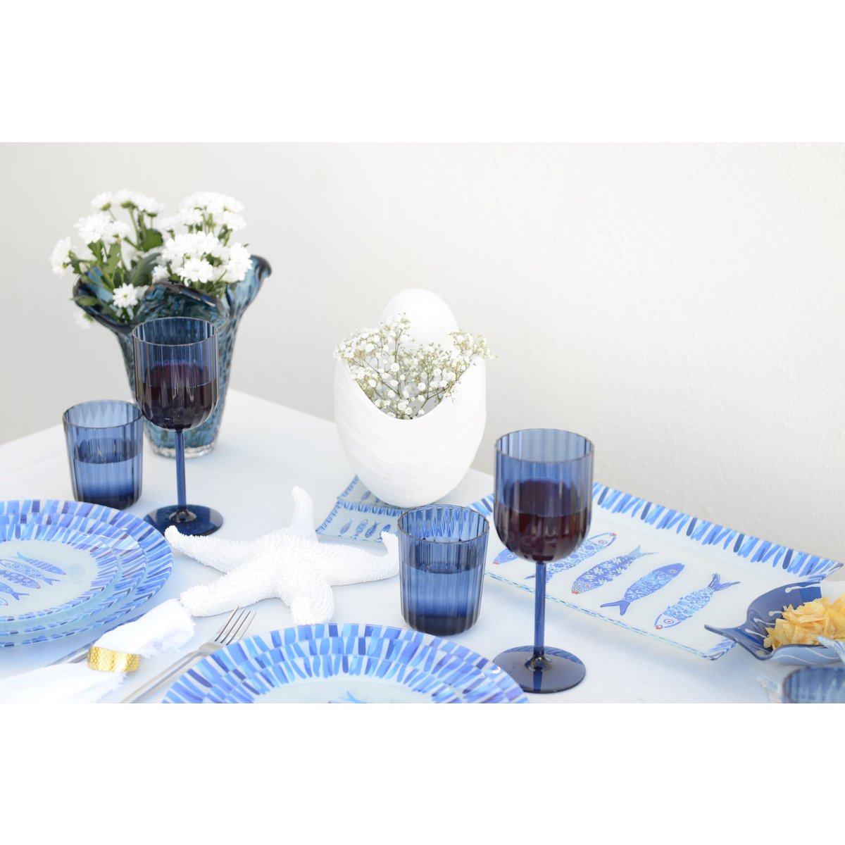 Rechthoekige schotel blauwe vis 35x25x2,8 cm