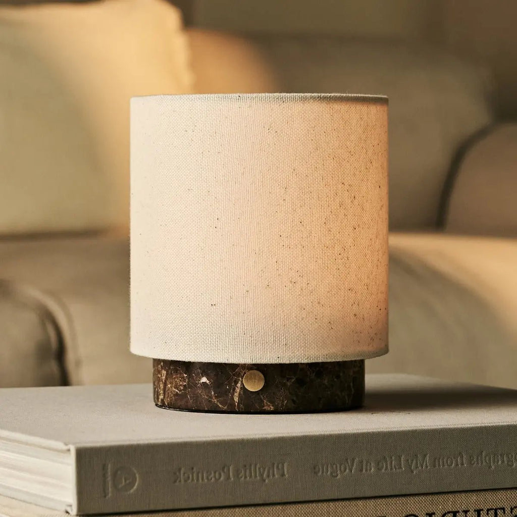 Mauve Beige & Brown / Emperador Dark - Marble oplaadbare taflamp - 3 lichte modi, draadloos en met linnen verwisselbare lampenkap