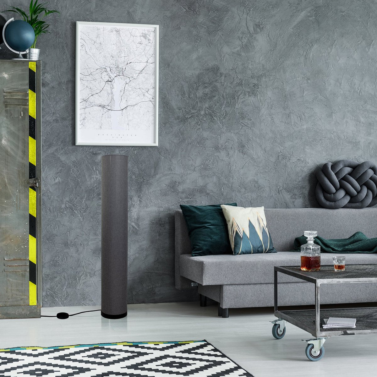 Staande lamp "Beate" Gray gemaakt van metaal en een tekstblazer in grijs, E27 -aansluiting, vloerlamp voor eetkamer, woonkamer, gang of kantoor, ca.