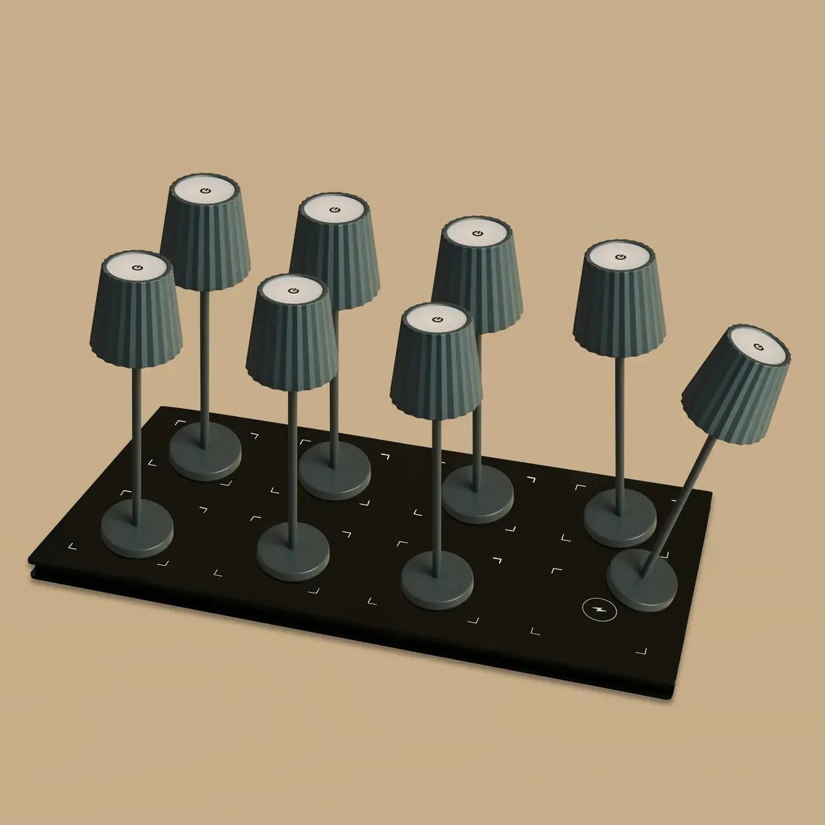 Combi Set Professional-8 x May Stone Gray Oplaadbare tafellampen en 1 x Centraal station draadloos laadstation met Qi-Technology