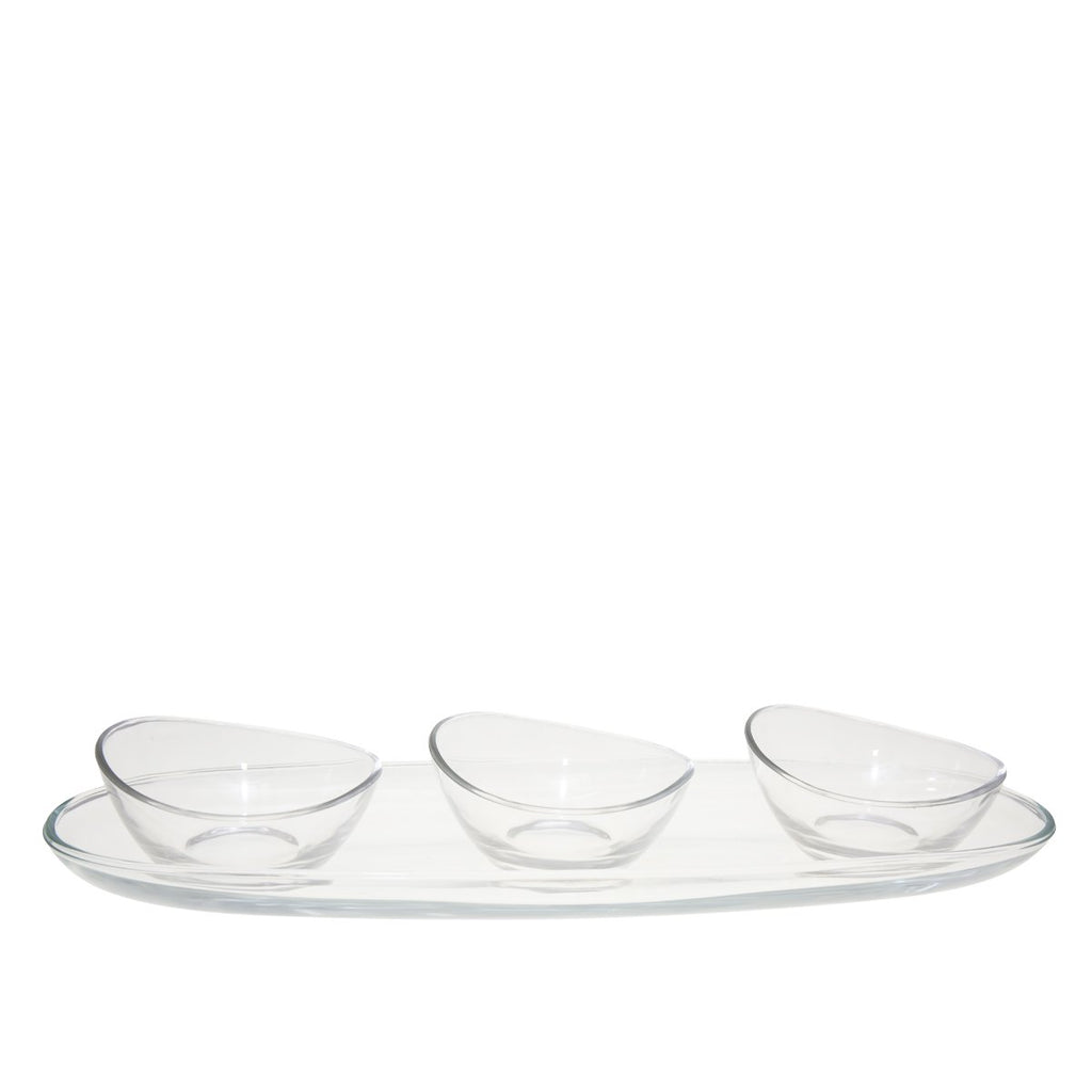 Aperitief set van 3 kopjes op transparant plateau 41 cm