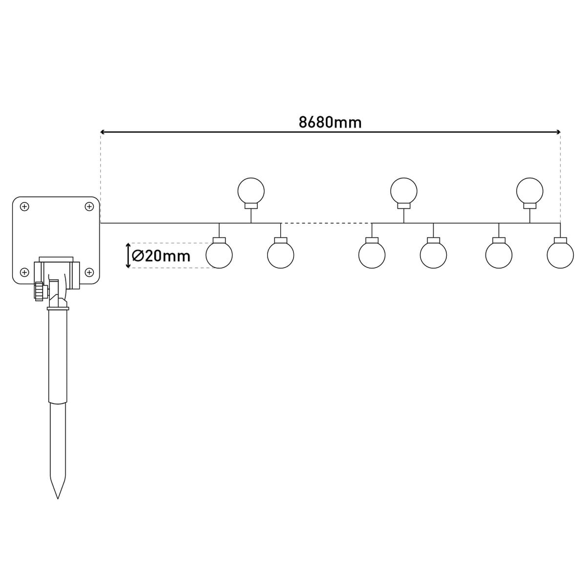Buiten lichte keten met decoratieve ballen in glazen look, 868 cm lang, warm wit,