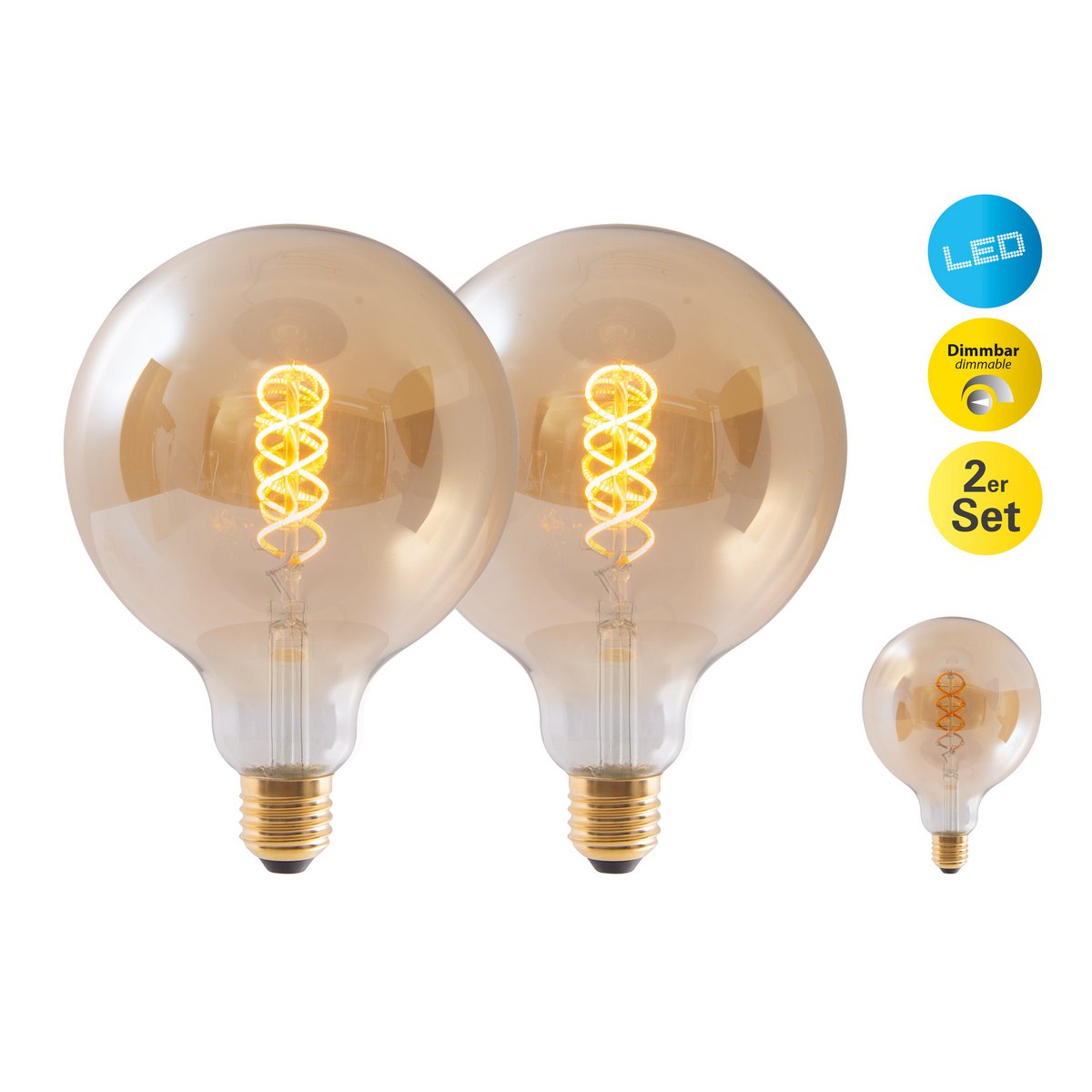 2 Set LED -lamp E27 -versie, 5 watt Ø 12,5 cm, metaal en glas, Amber