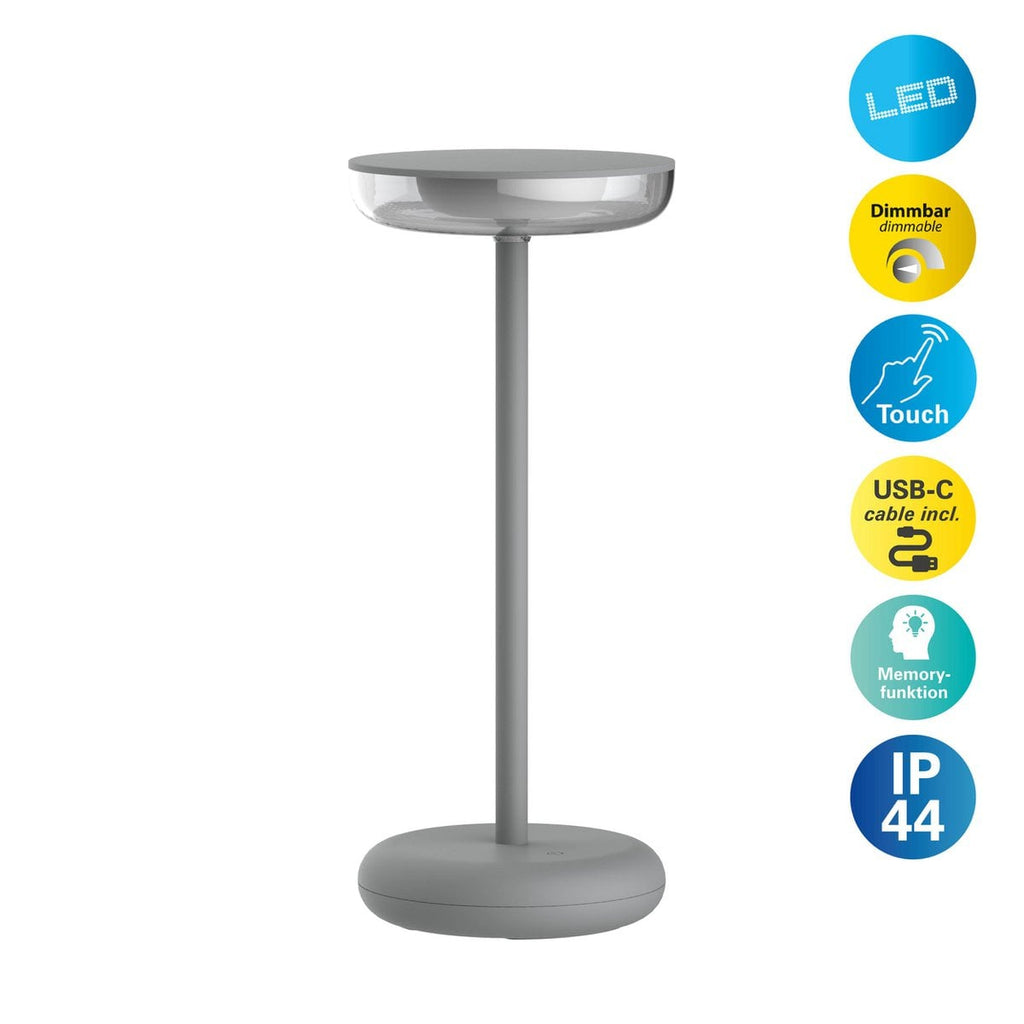 Batterijlichtlicht "PASI" voor buiten en binnen, gemaakt van metaal en plastic in grijs, dimbaar, met aanraking en geheugenfunctie, ca. 26 cm hoog