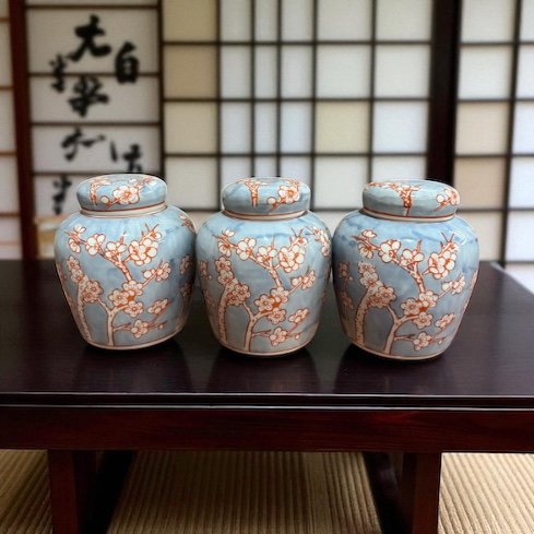 6" Handbeschilderde Ronde blauwe en Pink Porseleinen Pot