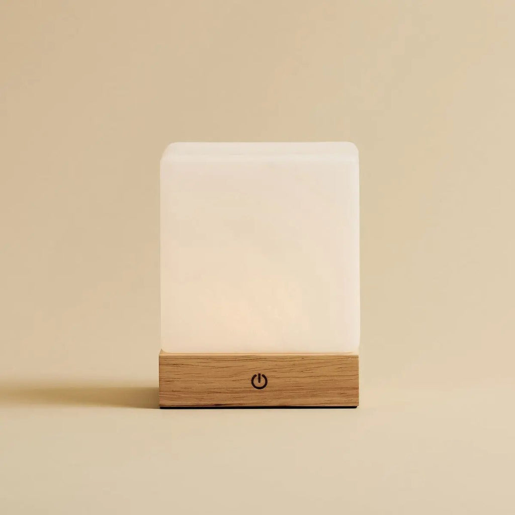 YCE lichtbruine draadloze houten lamp met bevroren glas-oplaadbare, dimbare, 100-uur batterij