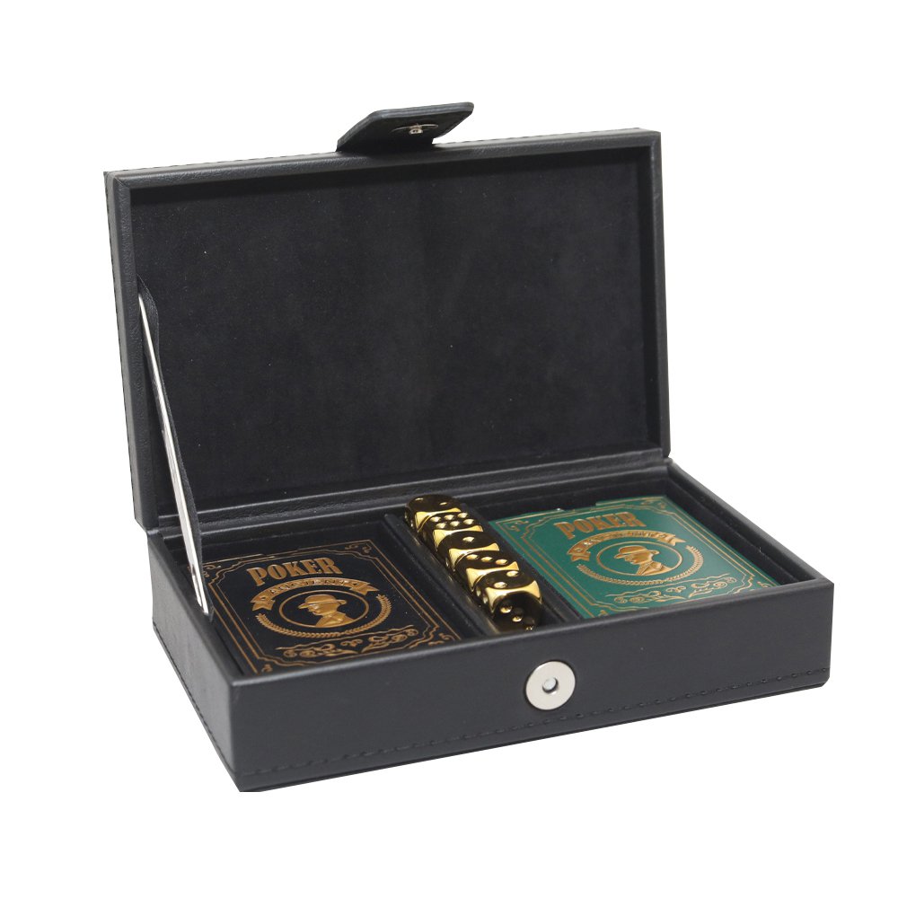 2 pokerspellen en 5 gouden dobbelstenen briefs in zwart faux leer