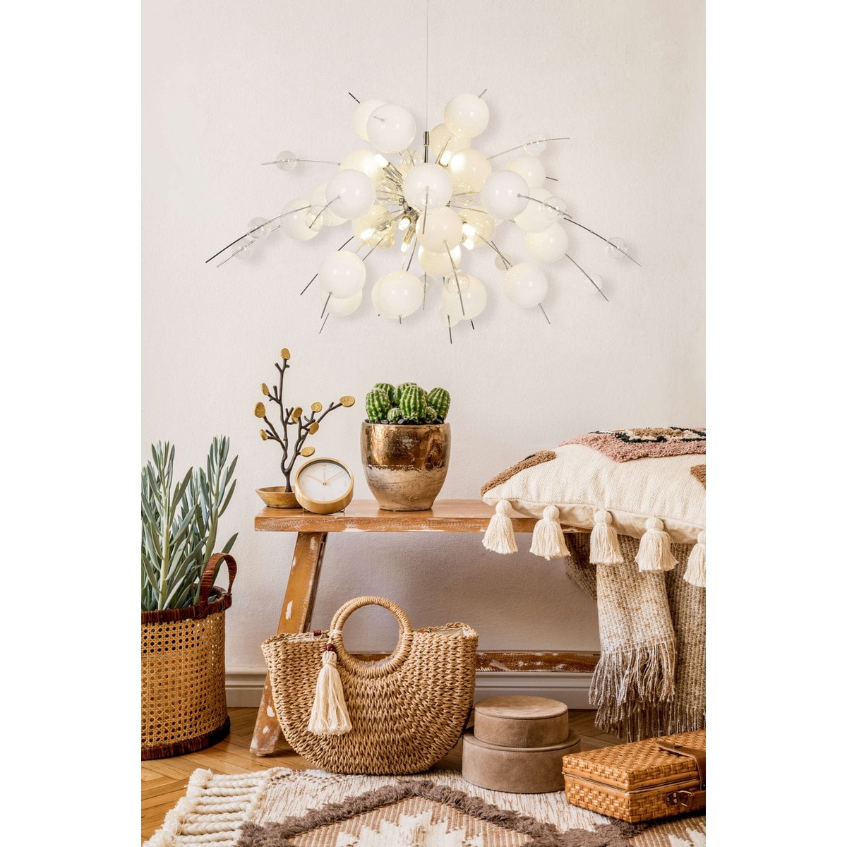 Hanger lamp "explosie" wit, gemaakt van metaal en glas, G9 -versies, hangende lamp voor eetkamer, woonkamer, hal of kantoor, Øca. 98 cm