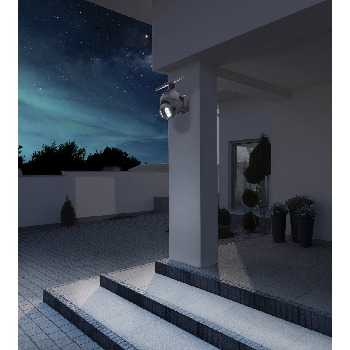 LED -zonne -buitenwandlamp "Moho" met bewegingsdetector en beveiligingscamera -vouw, wandlicht gemaakt van plastic in grijs, met geïntegreerde LED