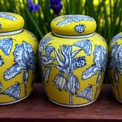 6" Handbeschilderde Ronde blauwe en  Geel Porseleinen Pot