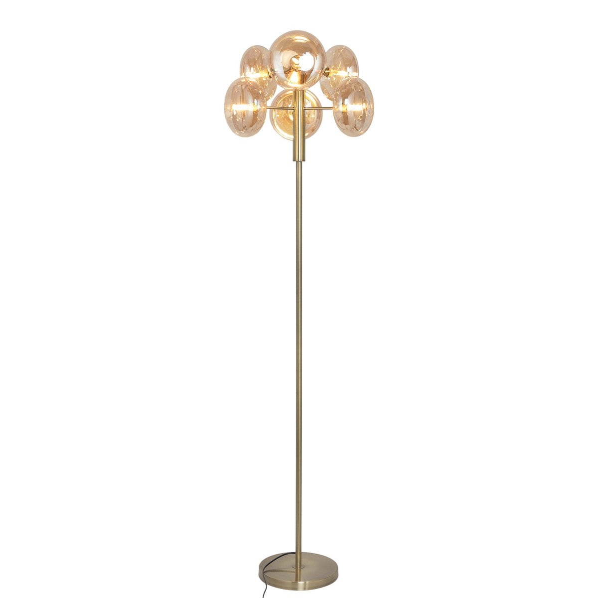 Staande lamp "Orion" ongeveer 165 cm hoog, gemaakt van messing gekleurd metaal en glas in barnsteen, G9-basis, verlichting voor woonkamer, eetkamer of kantoor.