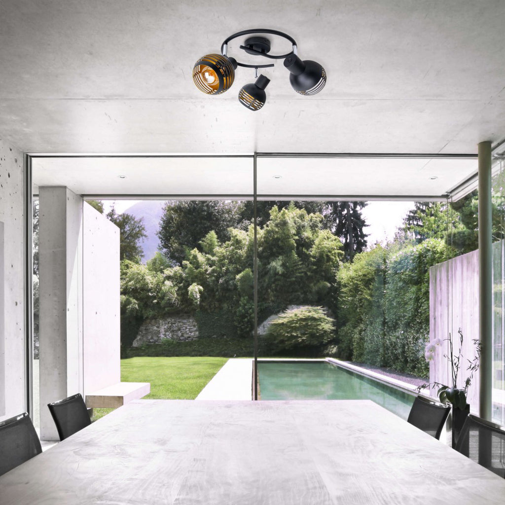 3-zits muur en plafond Rondel Spot "Casco" gemaakt van metaal in zwart en goud, met E27-versie, Øca. 48 cm. Stijlvolle verlichting voor woonkamer, eetkamer of keuken.