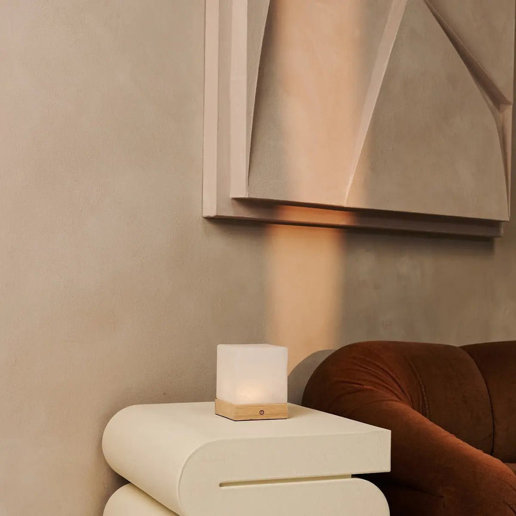 YCE lichtbruine draadloze houten lamp met bevroren glas-oplaadbare, dimbare, 100-uur batterij