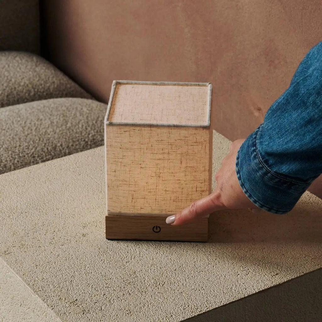 Zano lichtbruine draadloze lamp met hout en linnen - stemmingsverlichting, LED -tafellamp met batterij