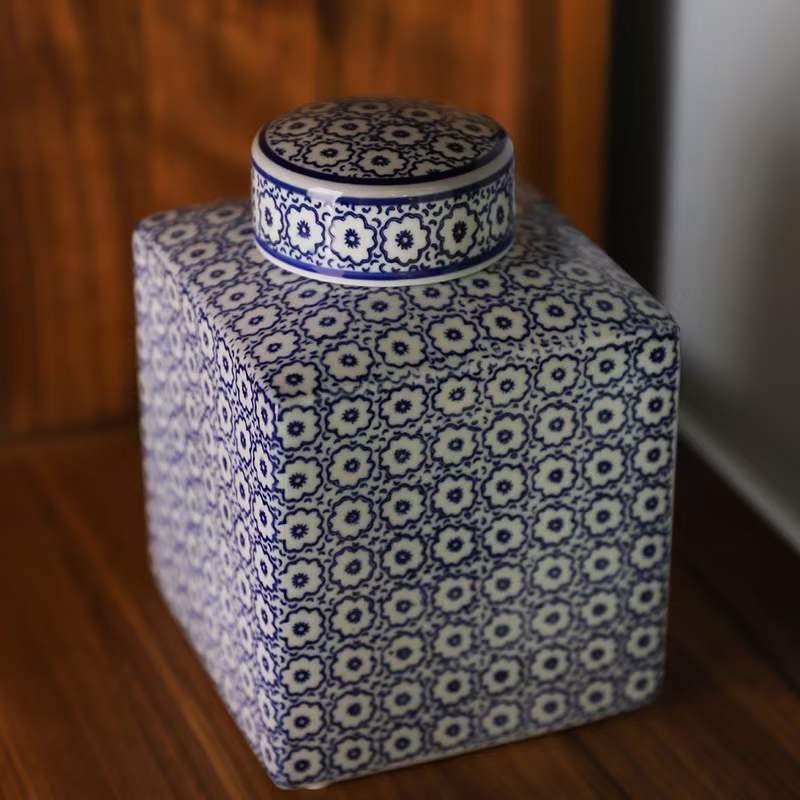 Blauw-witte porseleinen bloemenvaas (vierkante stijl)