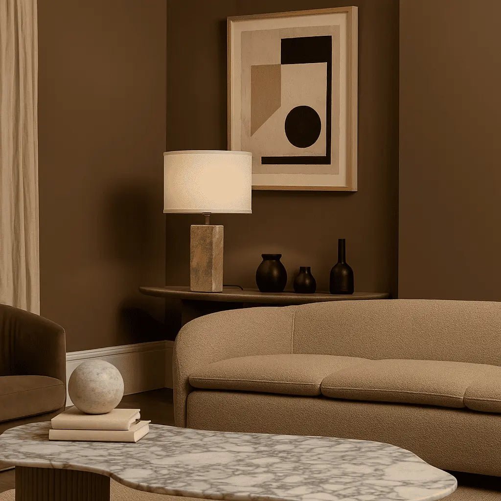 Rosie travertijnlamp – elegante natuursteen met katoenen kap