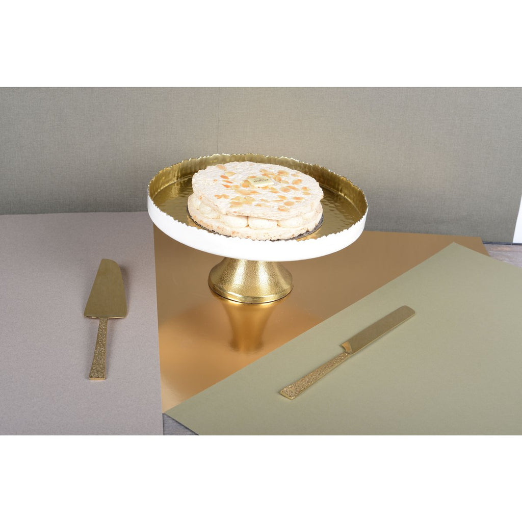 Witte en gouden cakeschotel op voet 30x30x12,5 cm