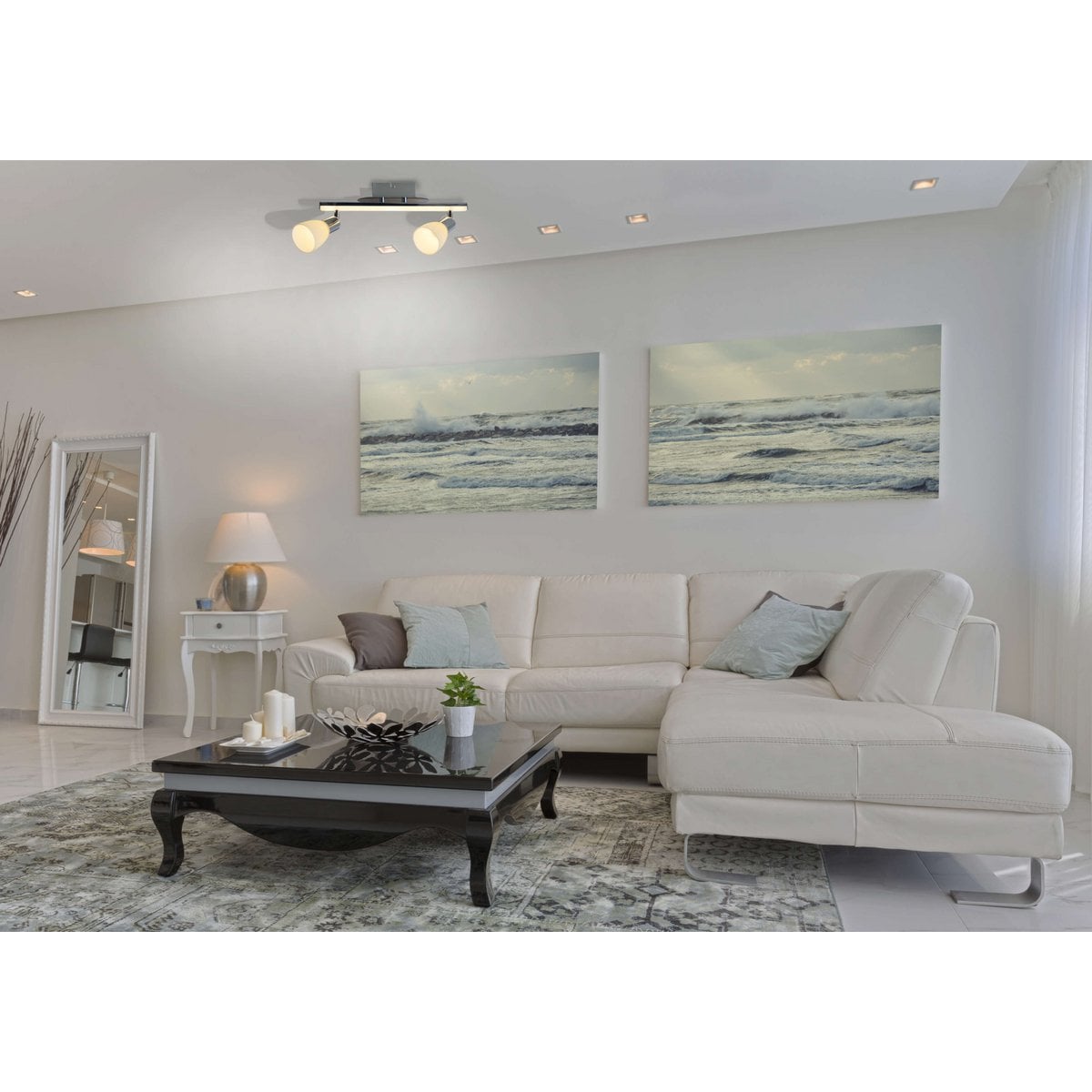 2-serie LED-plafondlicht "Ibiza" ongeveer 39 cm lang, chroomkleurig metaal, verzadigd, opaalkleurig glas, geïntegreerde LED's, warm wit