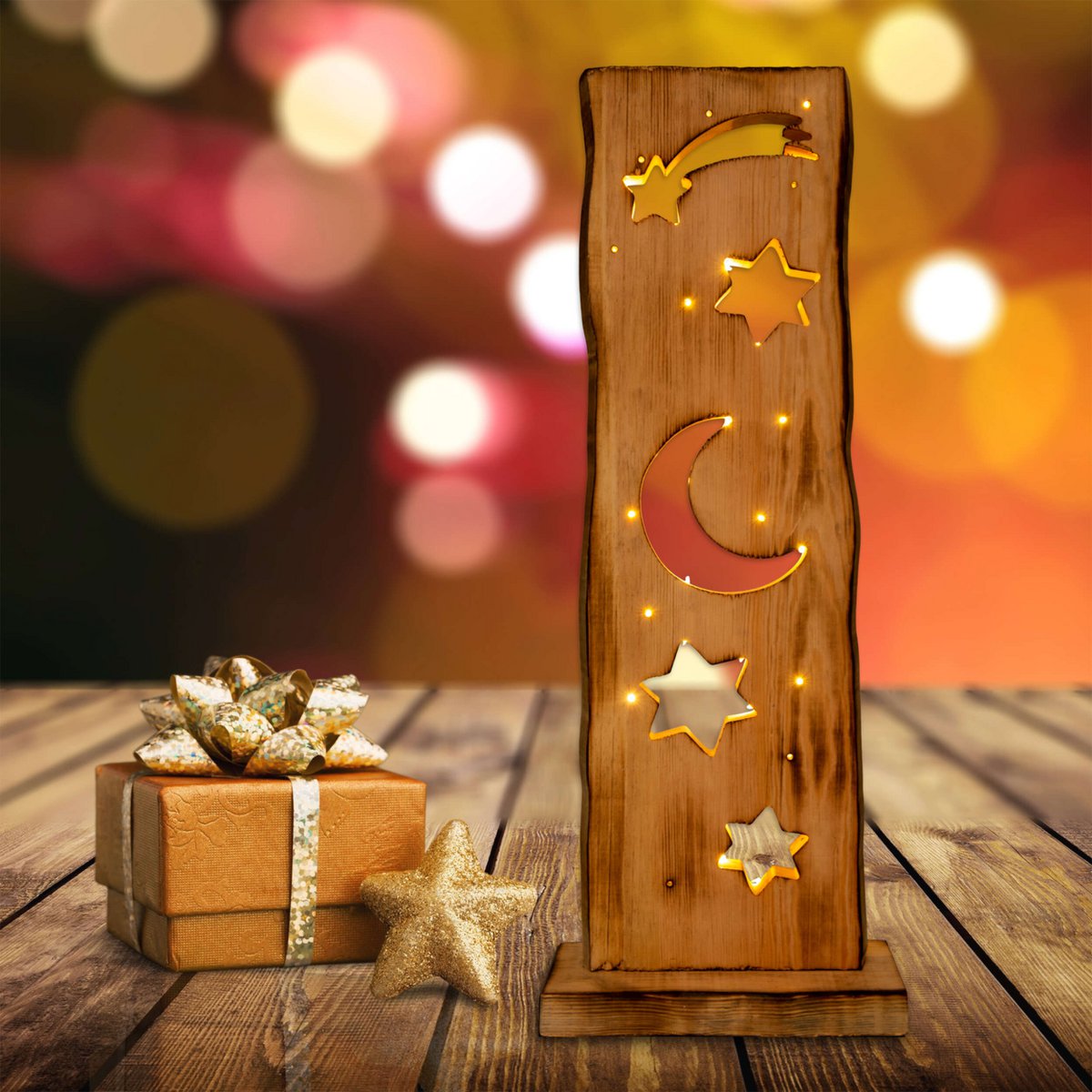 LED Wood-Decolum Moon/Stars 60 cm High Christmas Decorations Made of Wood met stevig ingebouwde LED's
